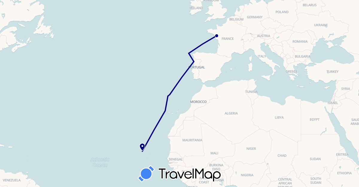 TravelMap itinerary: driving in Cape Verde, Spain, France, Portugal (Africa, Europe)